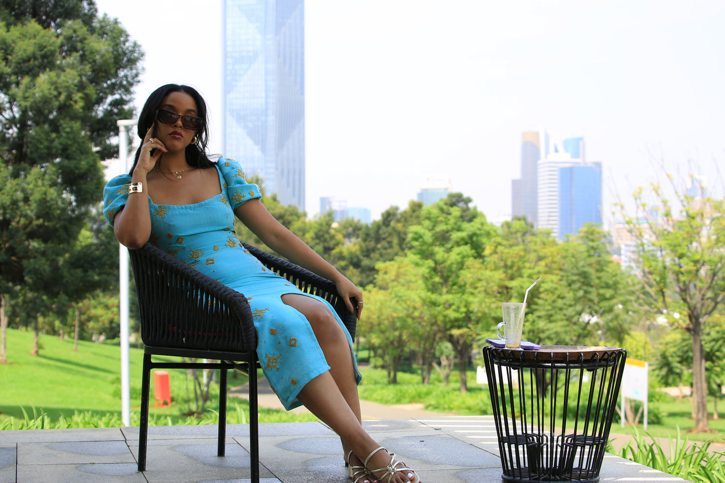 Blue Majesty: Golden Embroidery Slim Fit Ethiopian Dress