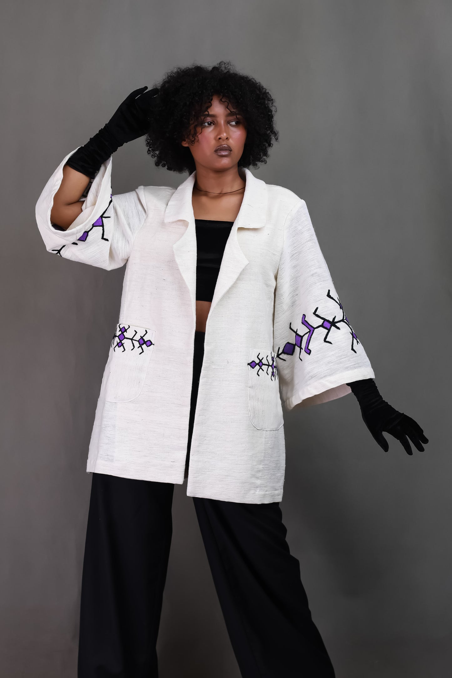 Black with Purple Embroidery Design Handwoven Habesha Coat, Ethiopian Cultural Cloth