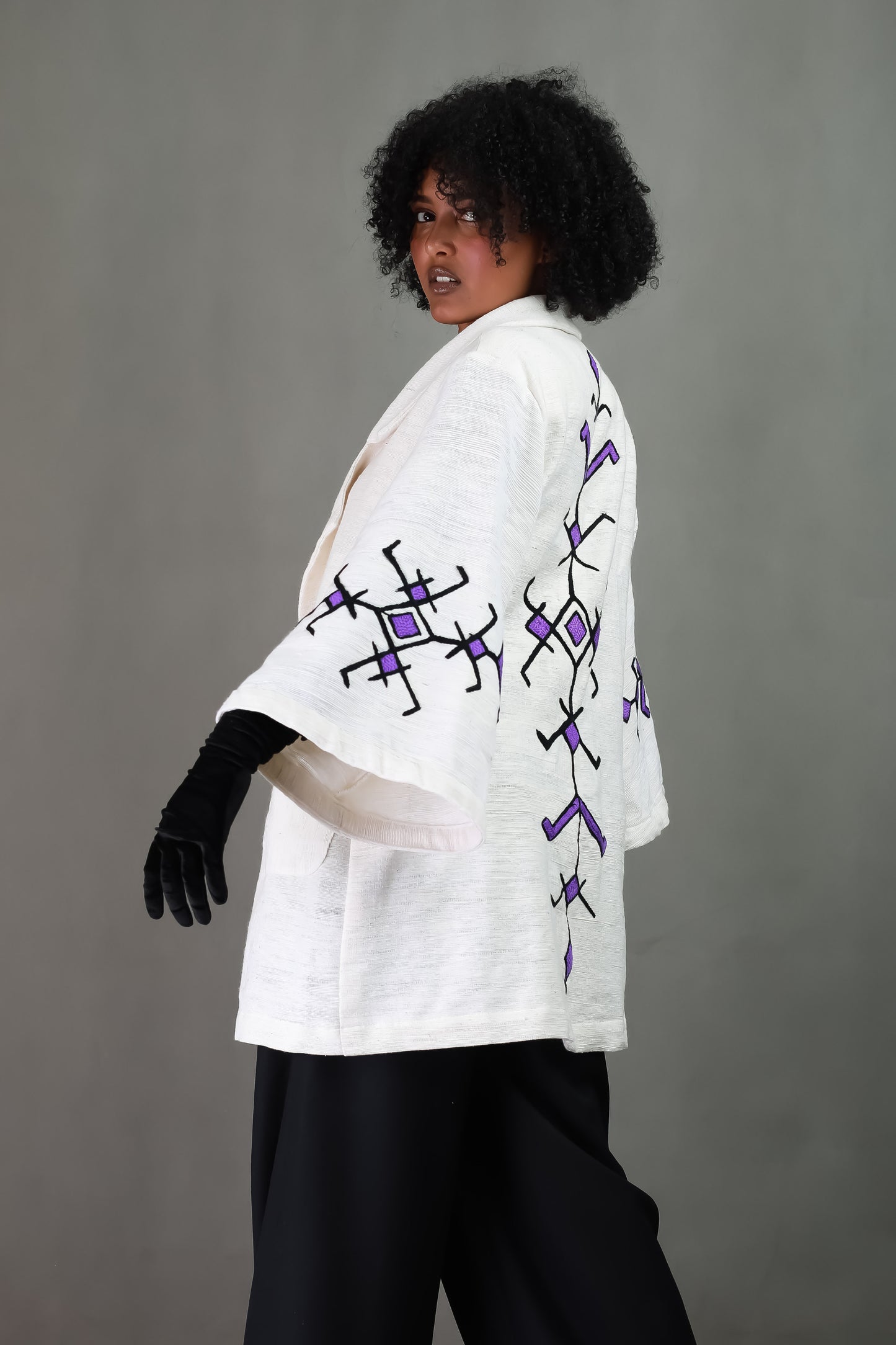 Black with Purple Embroidery Design Handwoven Habesha Coat, Ethiopian Cultural Cloth