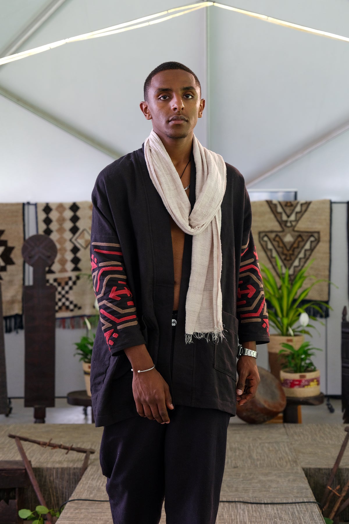 Modern Elegance: Black Free-Size Shirt & Trouser Set with Ethiopian Embroidery