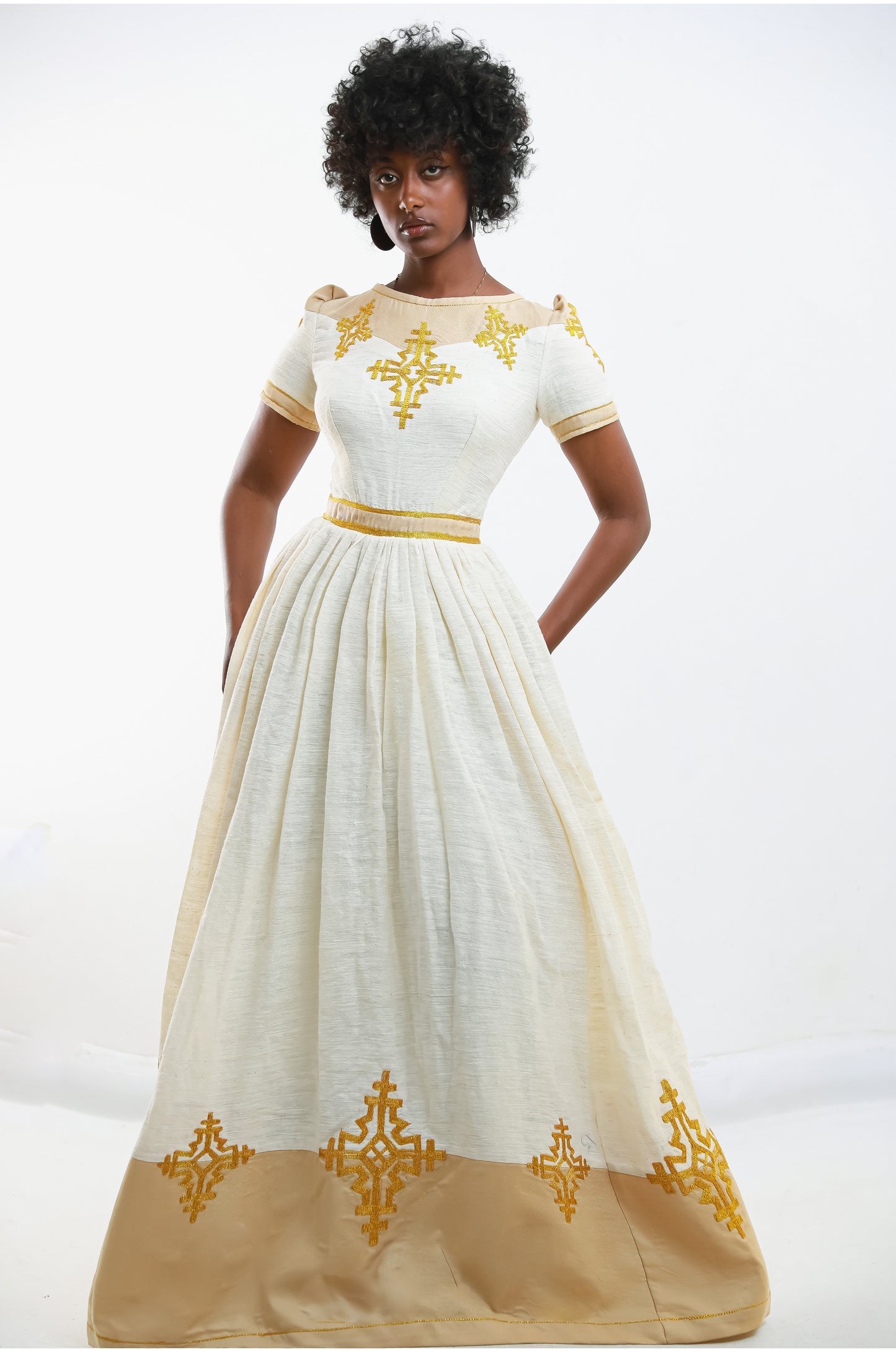Habesha Kemis Inspired Embroidered Dress with Intricate Gold Design