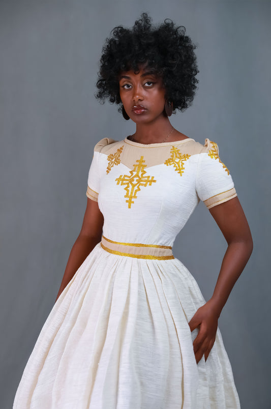 Habesha Kemis Inspired Embroidered Dress with Intricate Gold Design
