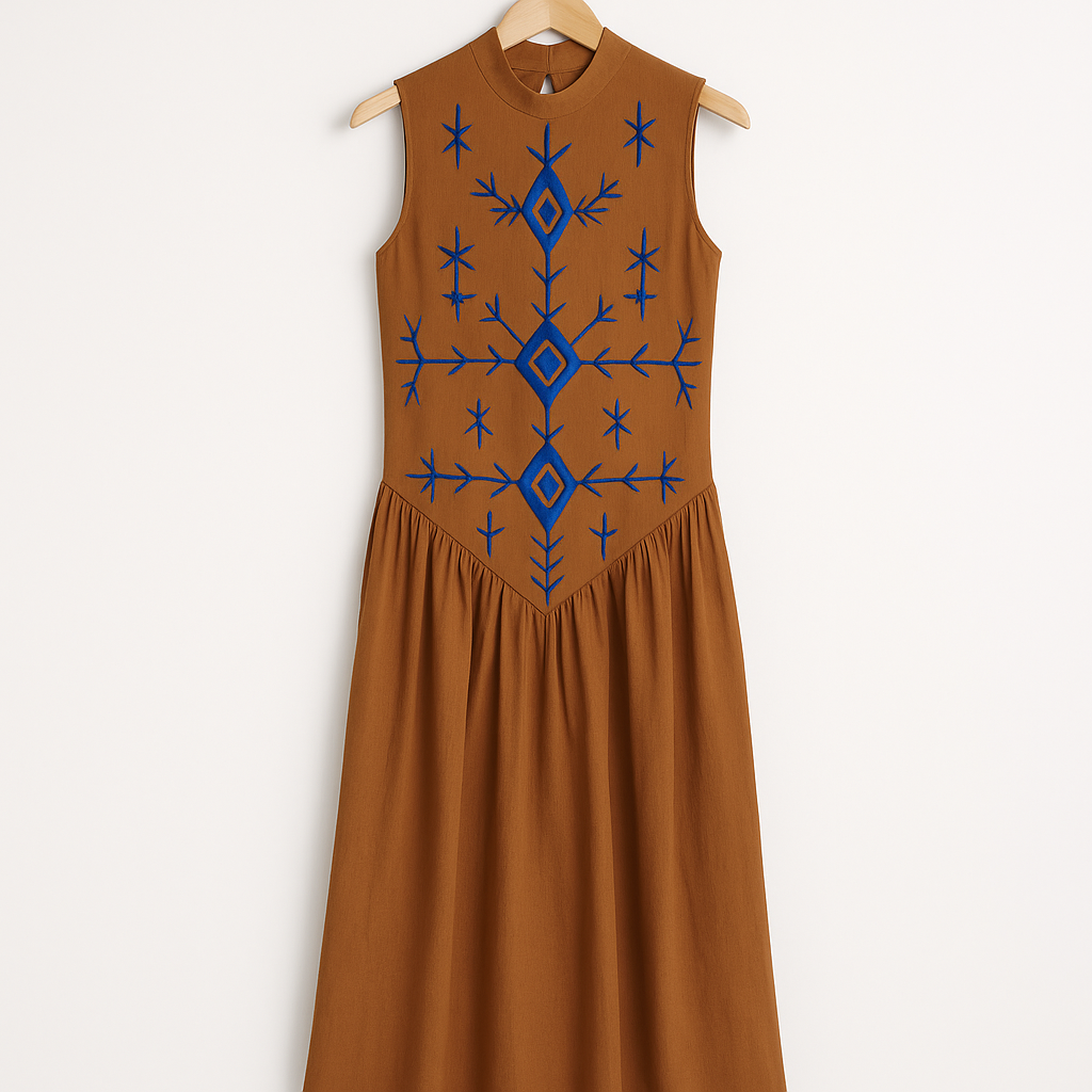 Brown long dress with blue embroidery