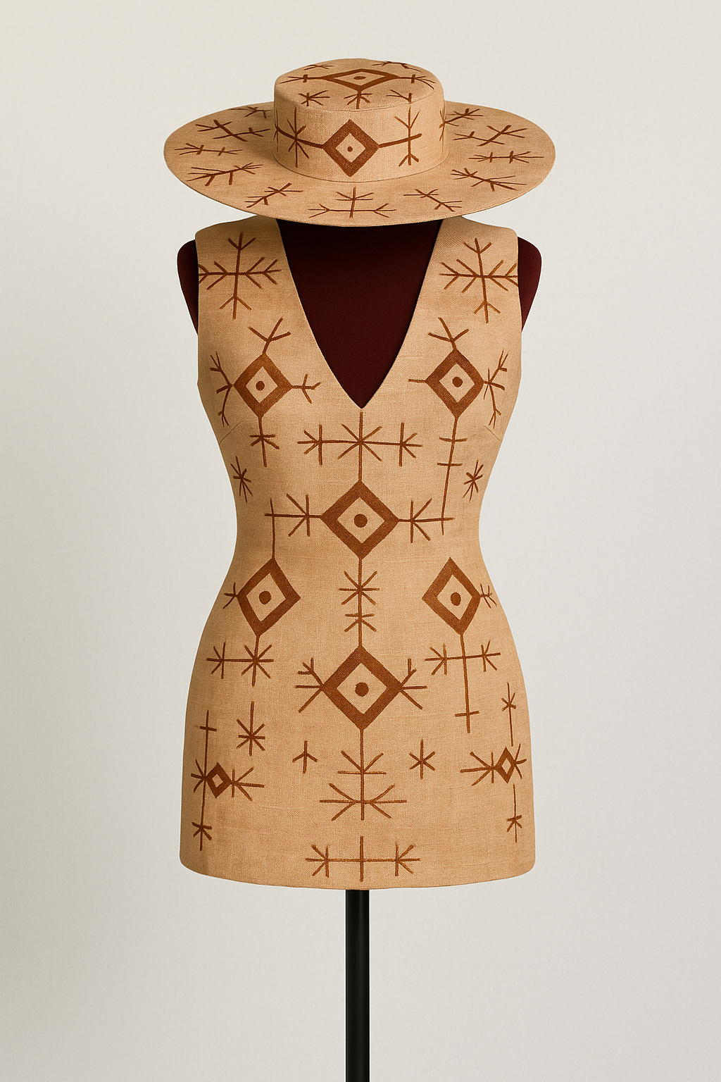 Short Brown Sleeveless Dress with Dark Brown Embroidery