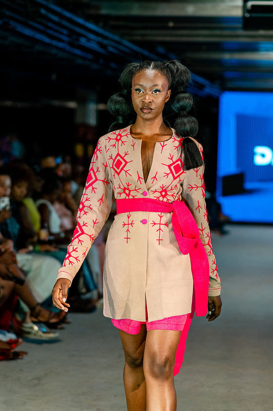 The KEREMELA blazer Dust pink blazer with Ethiopian inspired fuchsia embroidery
