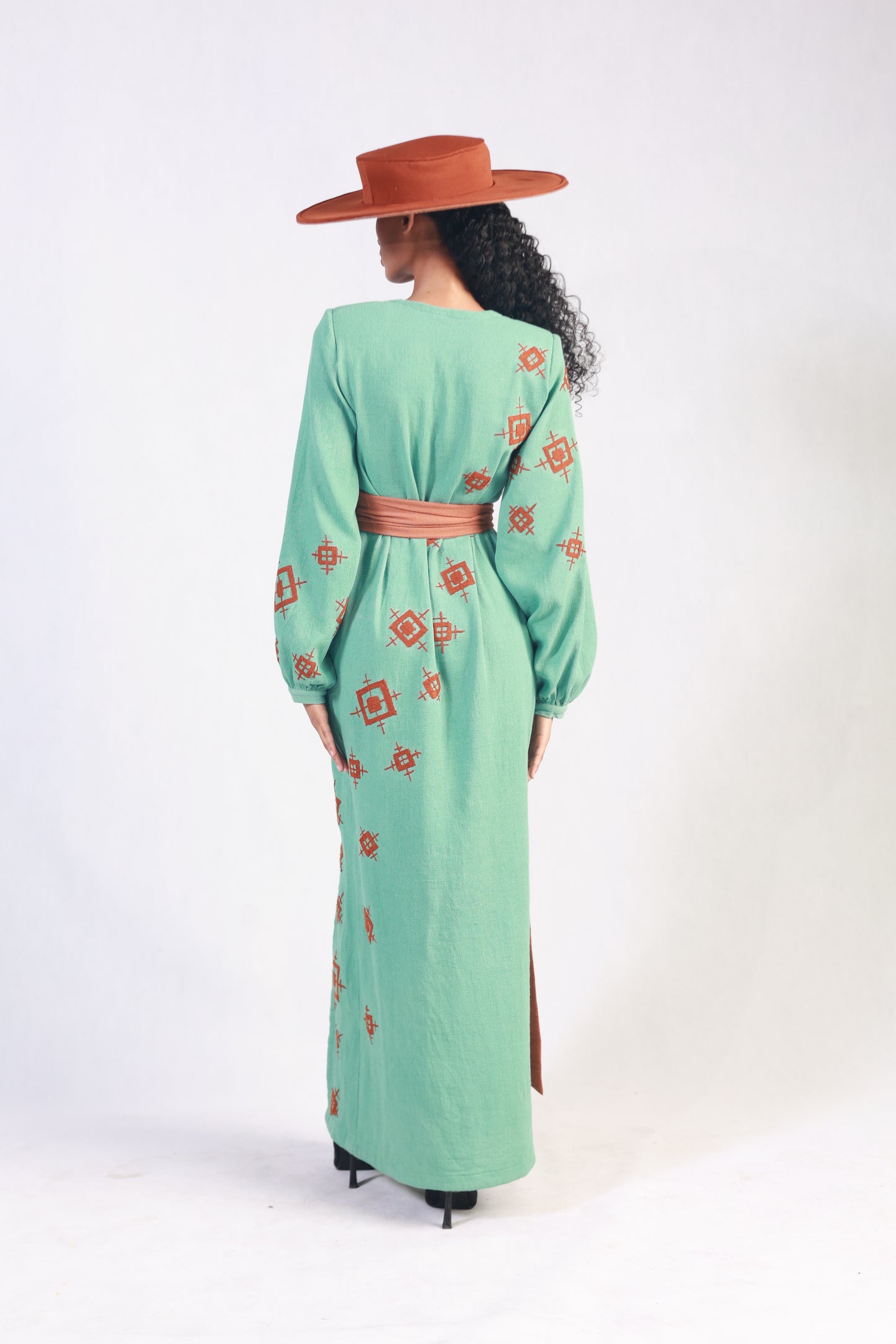 Turquoise Dress with brown Embroidery,Ethiopian