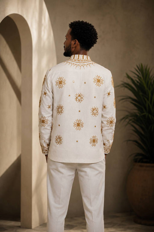 Men’s Full-Sleeve Top with Gold Embroidery – Timeless Elegance | Modern Ethiopian Style
