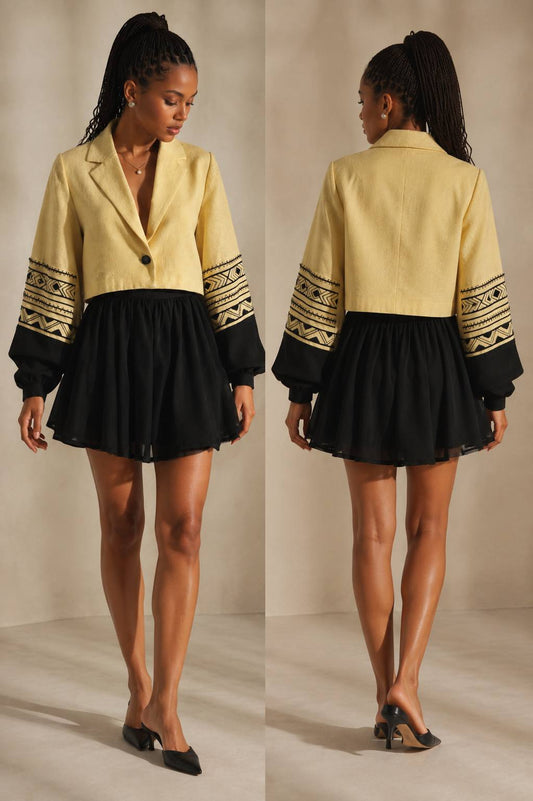 THE WUHA Women’s Yellow Crop Coat with Black Embroidery – Handwoven Ethiopian Elegance