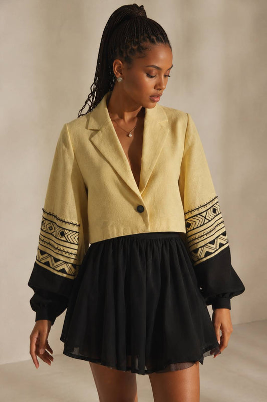 THE WUHA Women’s Yellow Crop Coat with Black Embroidery – Handwoven Ethiopian Elegance