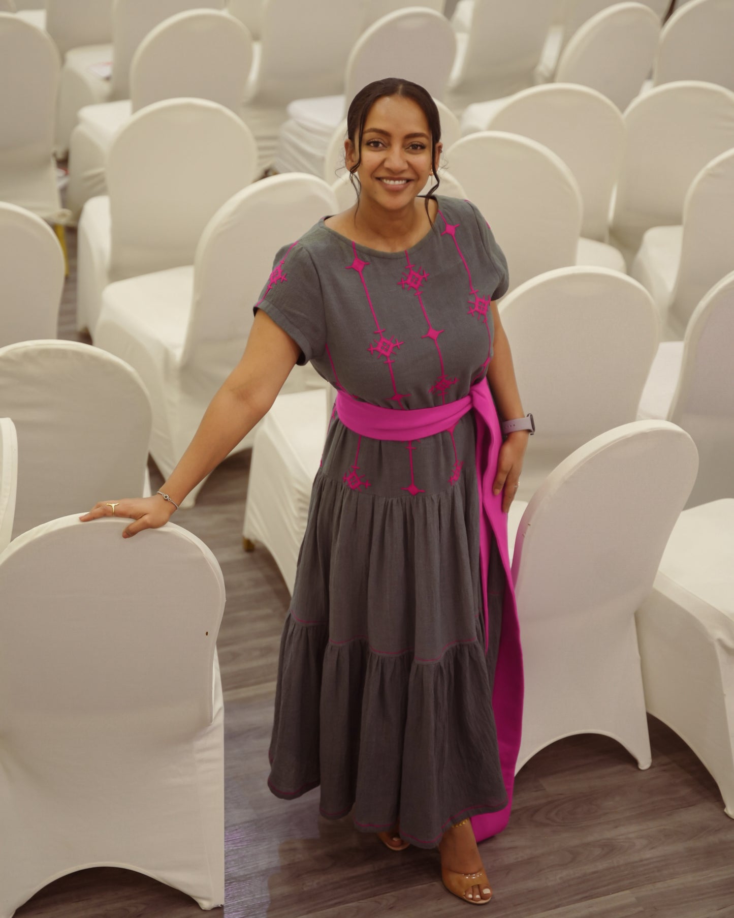 Majestic Grace : Elegant Gray Ethiopian Dress with Regal Purple Embroidery and Belt