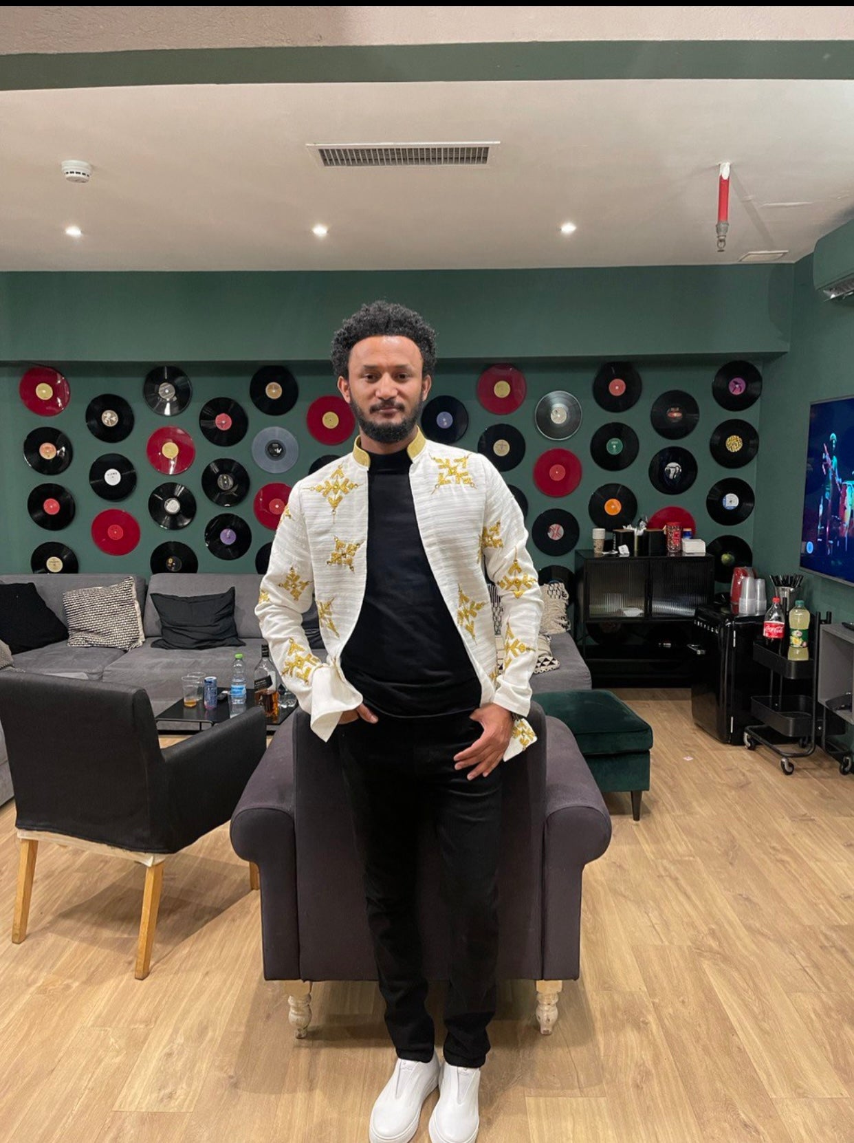 Ethiopian Elegance: Golden Embroidered Men's Long Sleeve T-Shirt with Habesha Libs