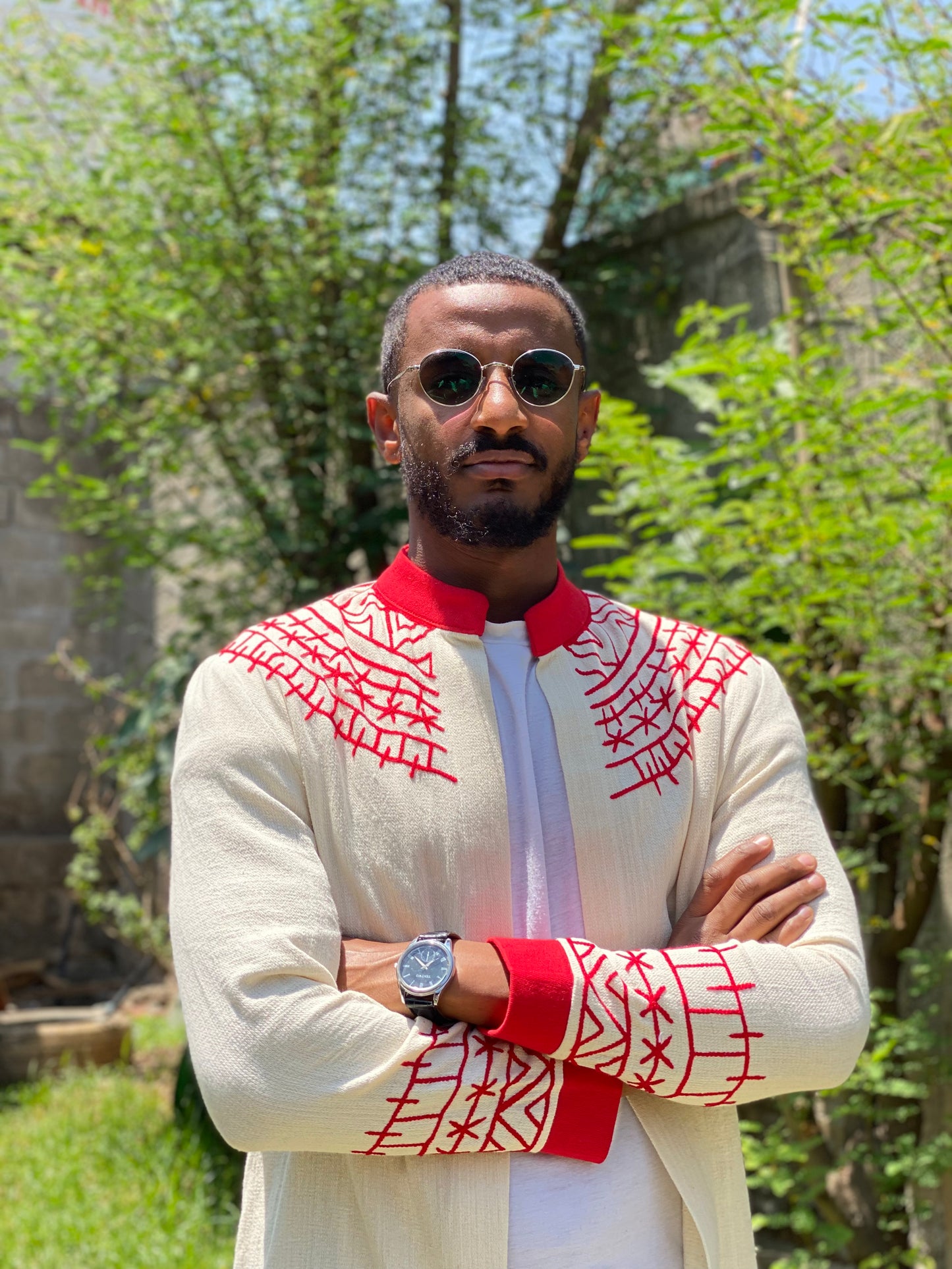 Negus White/Black Embroidered Coat – Timeless Tradition in Red
