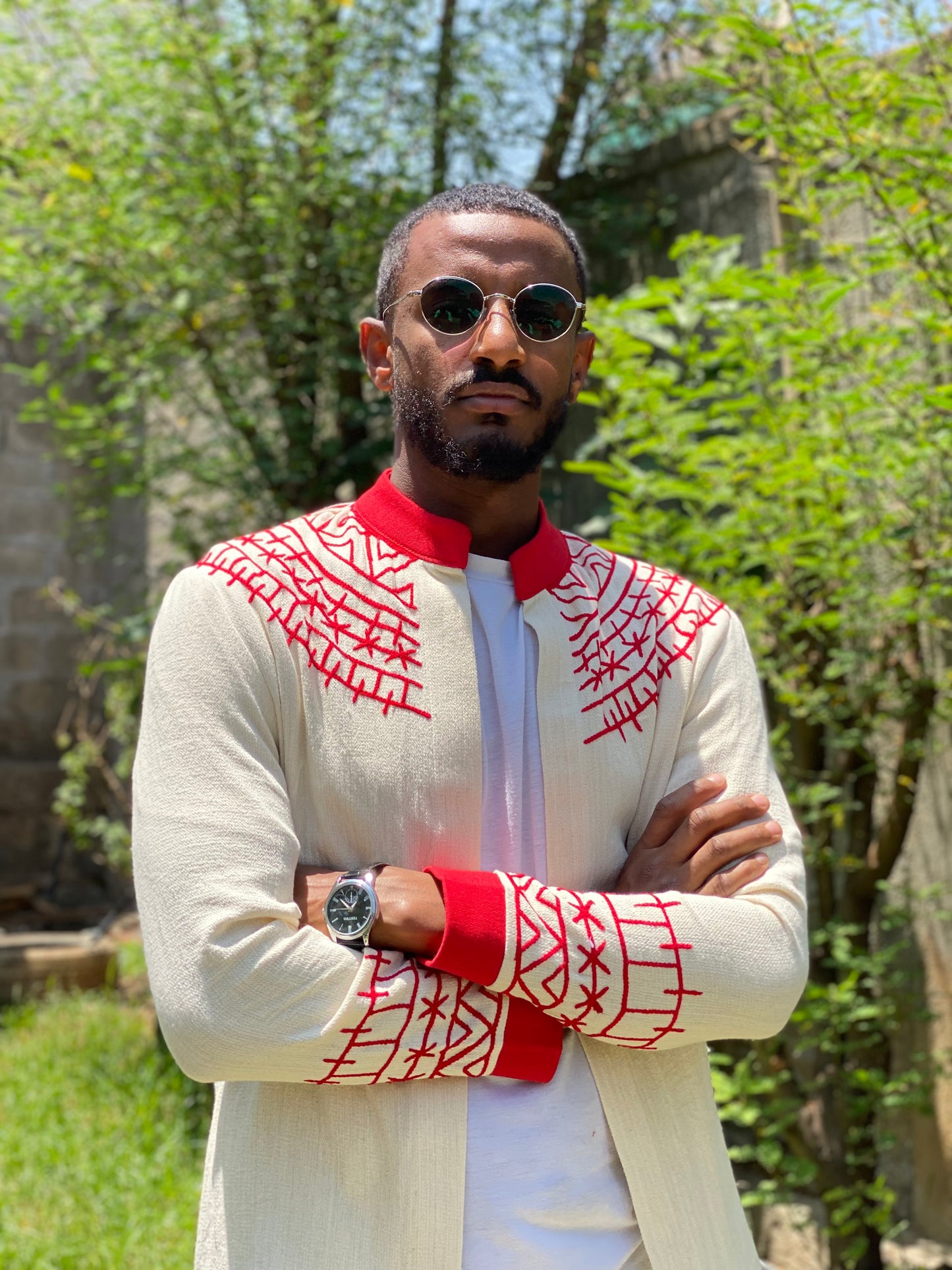 Negus White/Black Embroidered Coat – Timeless Tradition in Red