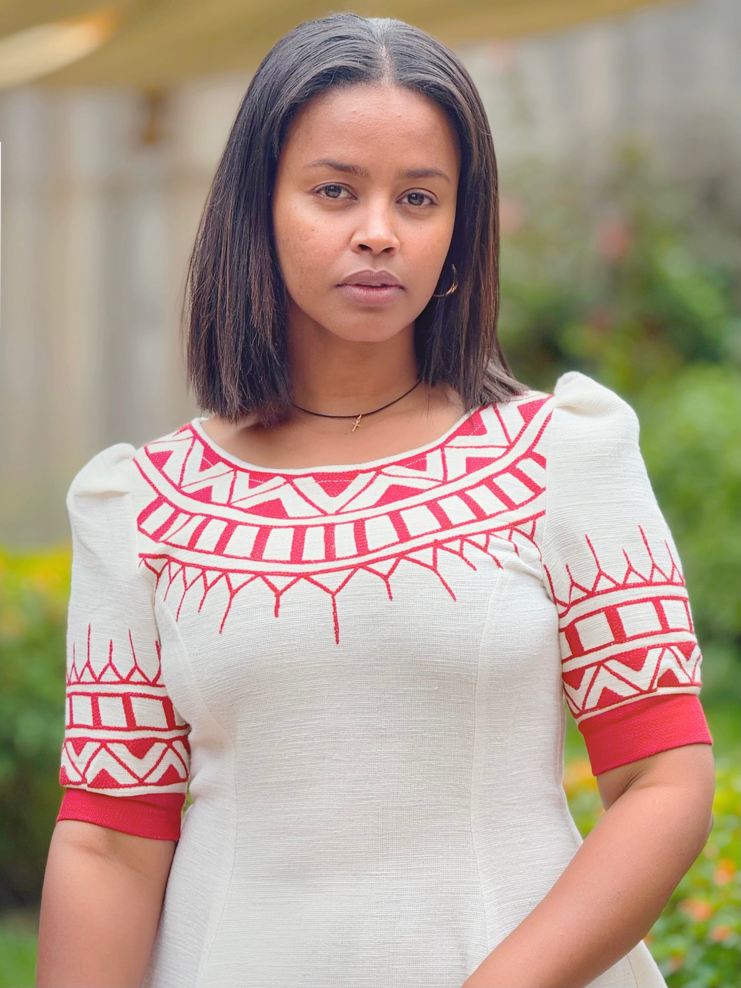 Royal Glow – White Ethiopian Short Dress with Red Circle Neck Embroidery