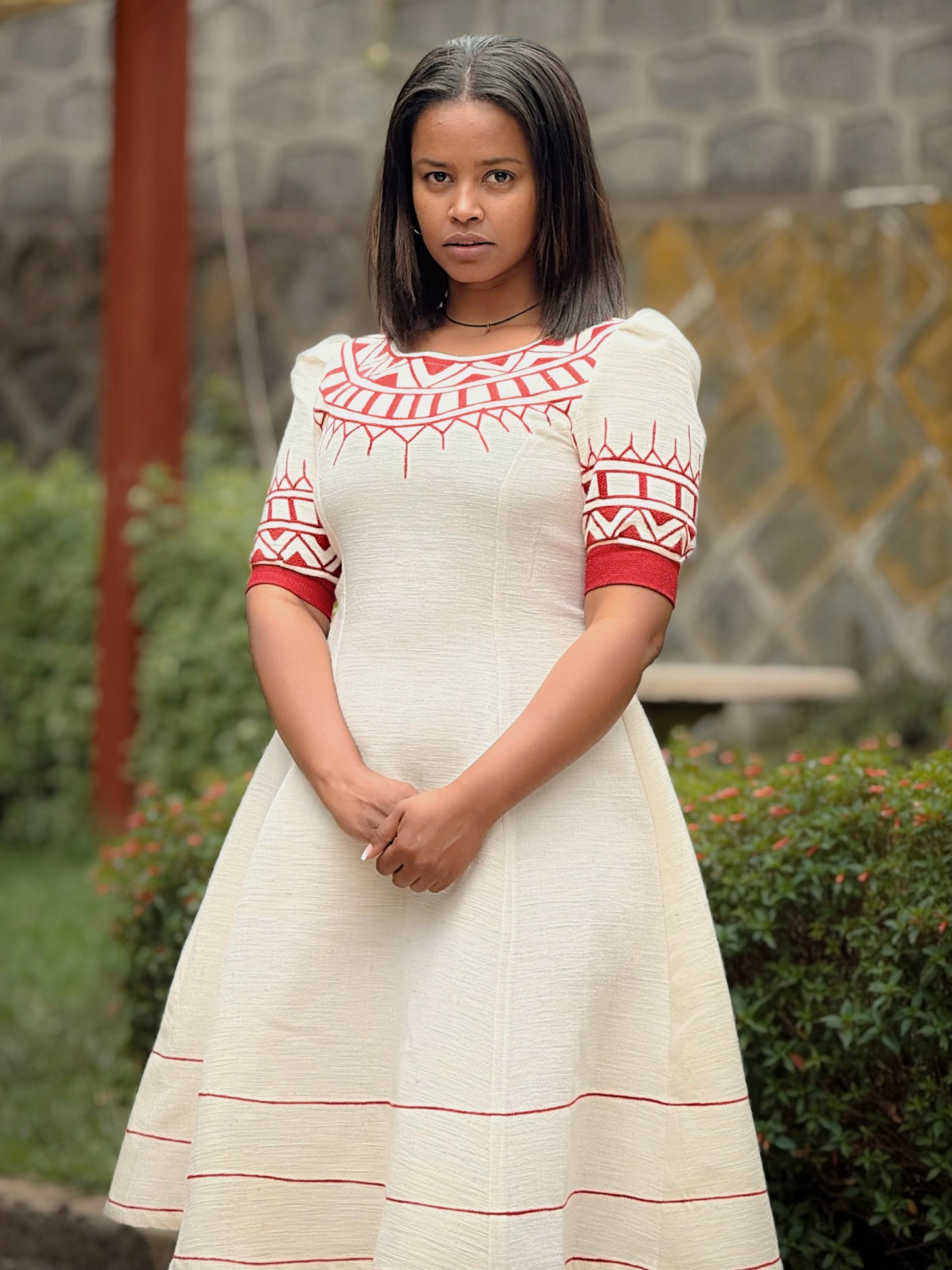 Royal Glow – White Ethiopian Short Dress with Red Circle Neck Embroidery