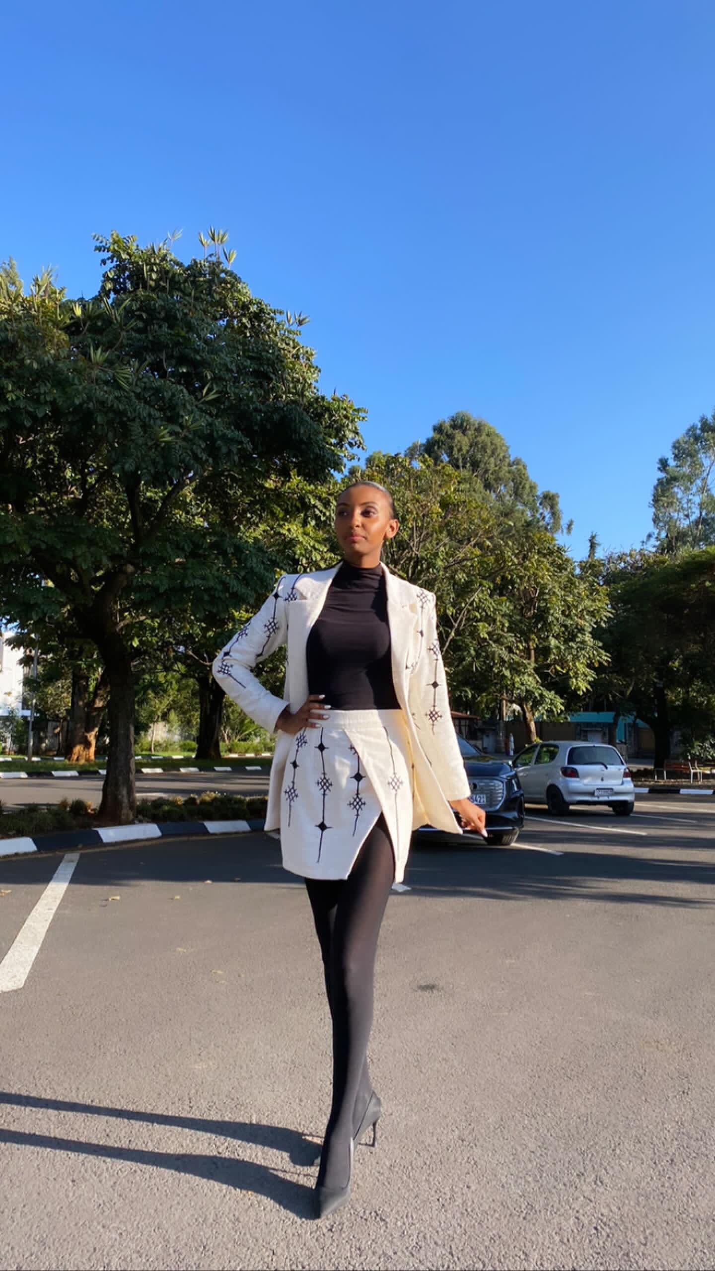 Ethiopian Elegance: Handwoven Habesha Coat & Skirts with Black Cross Embroidery