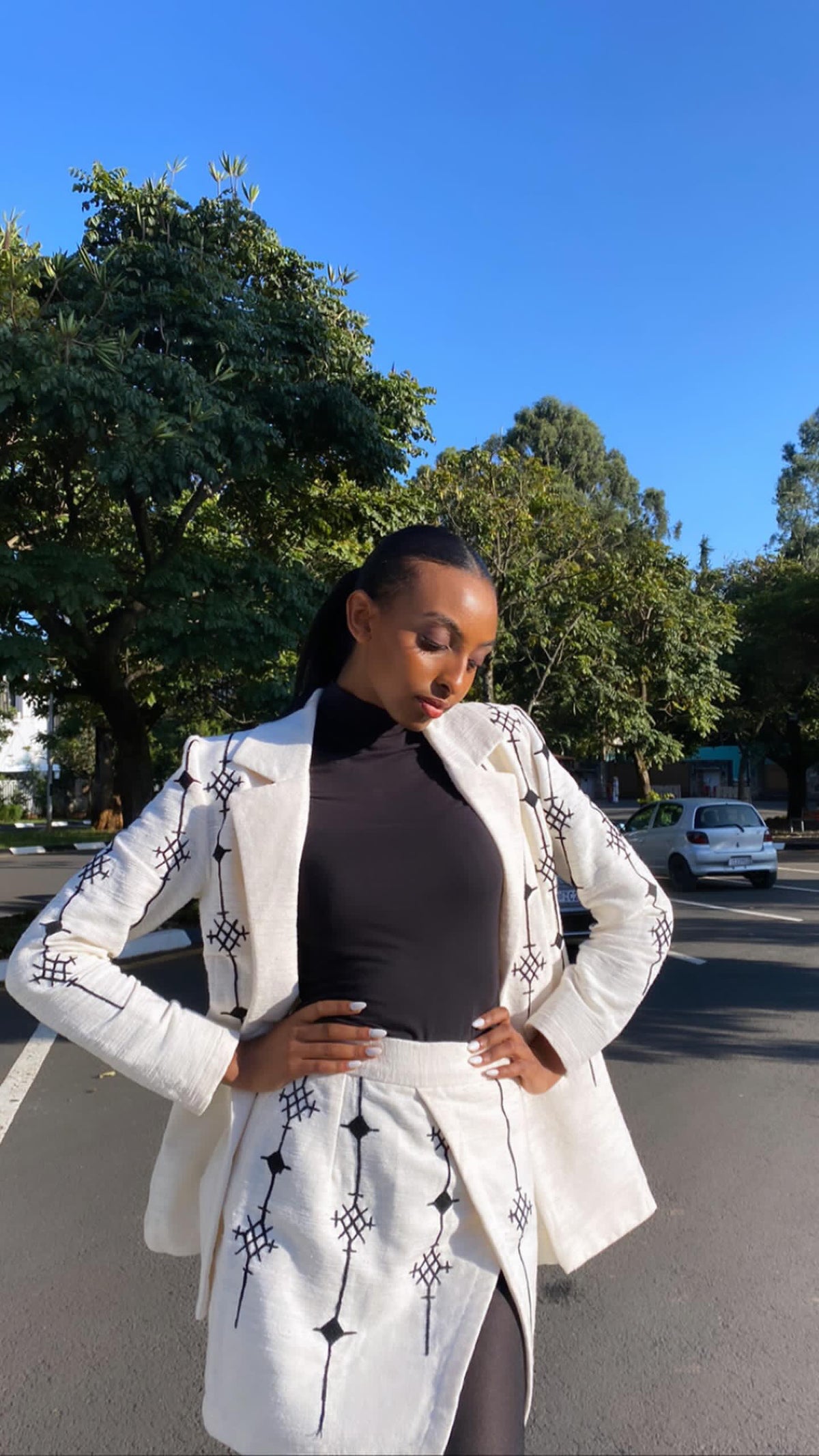 Ethiopian Elegance: Handwoven Habesha Coat & Skirts with Black Cross Embroidery