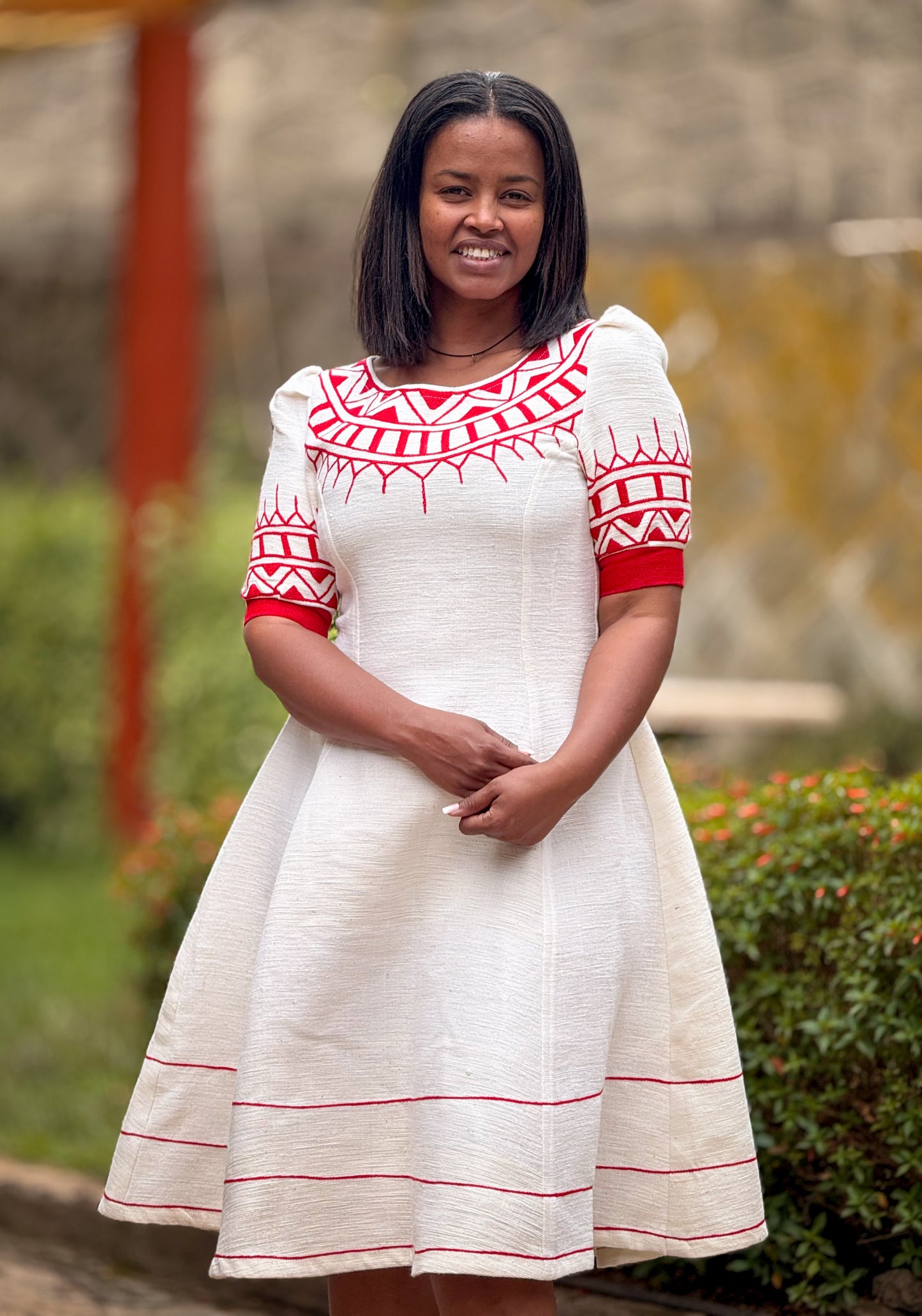 Royal Glow – White Ethiopian Short Dress with Red Circle Neck Embroidery