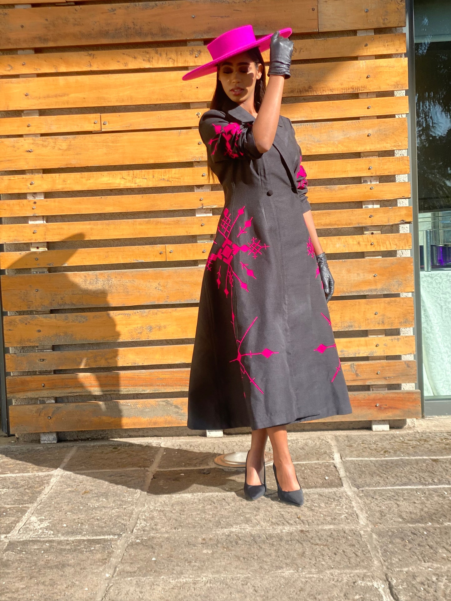 Elegant Long Coat with Pink Embroidery and Matching Hat