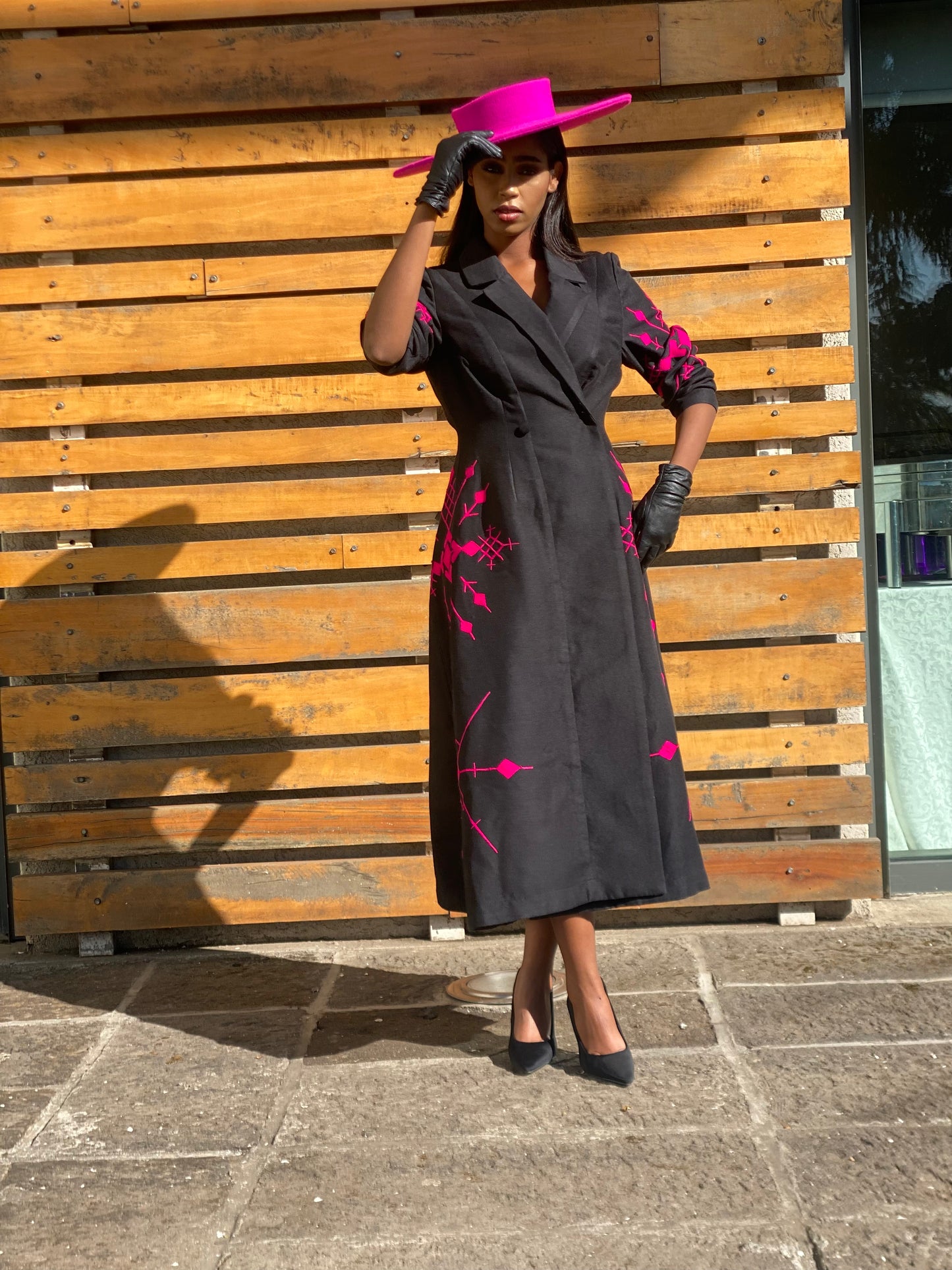 Elegant Long Coat with Pink Embroidery and Matching Hat