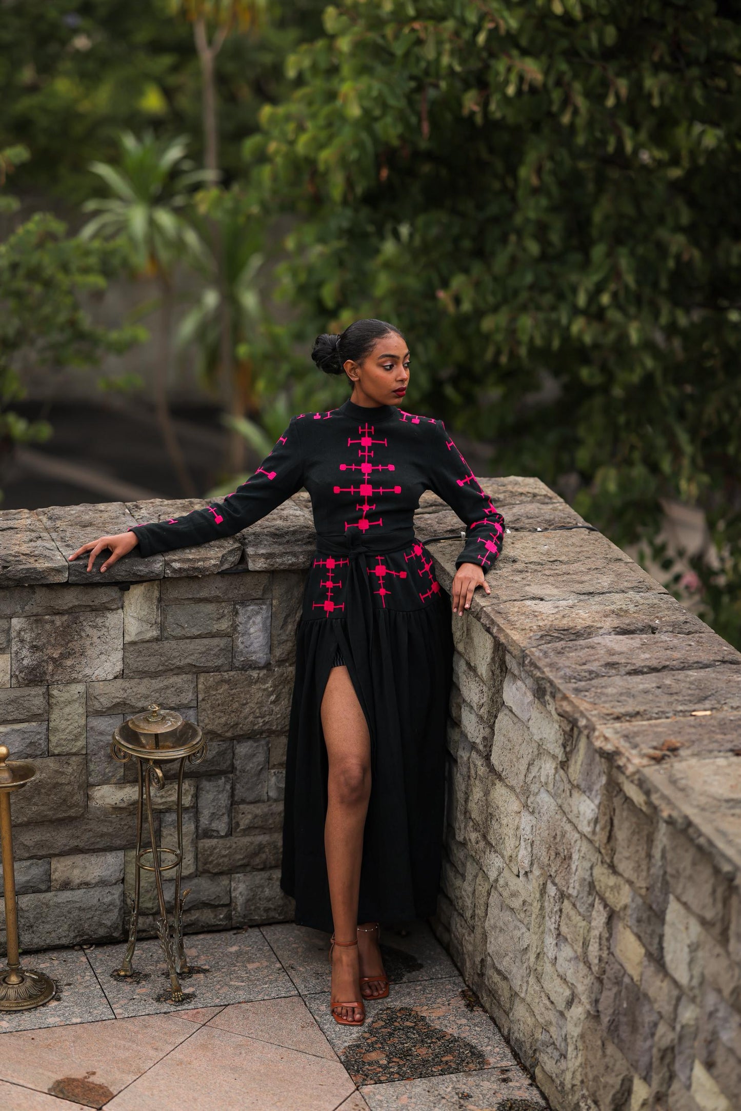 Modern Ethiopian Two-Piece Set – Skirt & Tie-Up Top with Black and Hot Pink Embroidery