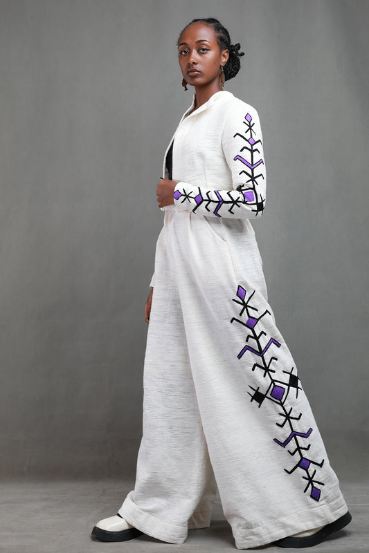 Black with Purple Design Crop top coat with trouser Habesha Libs , Modern Ethiopian Cloth