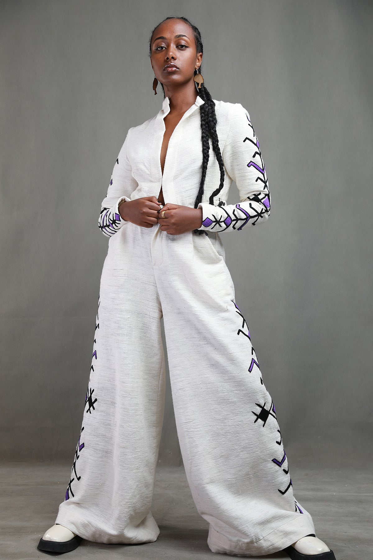Black with Purple Design Crop top coat with trouser Habesha Libs , Modern Ethiopian Cloth