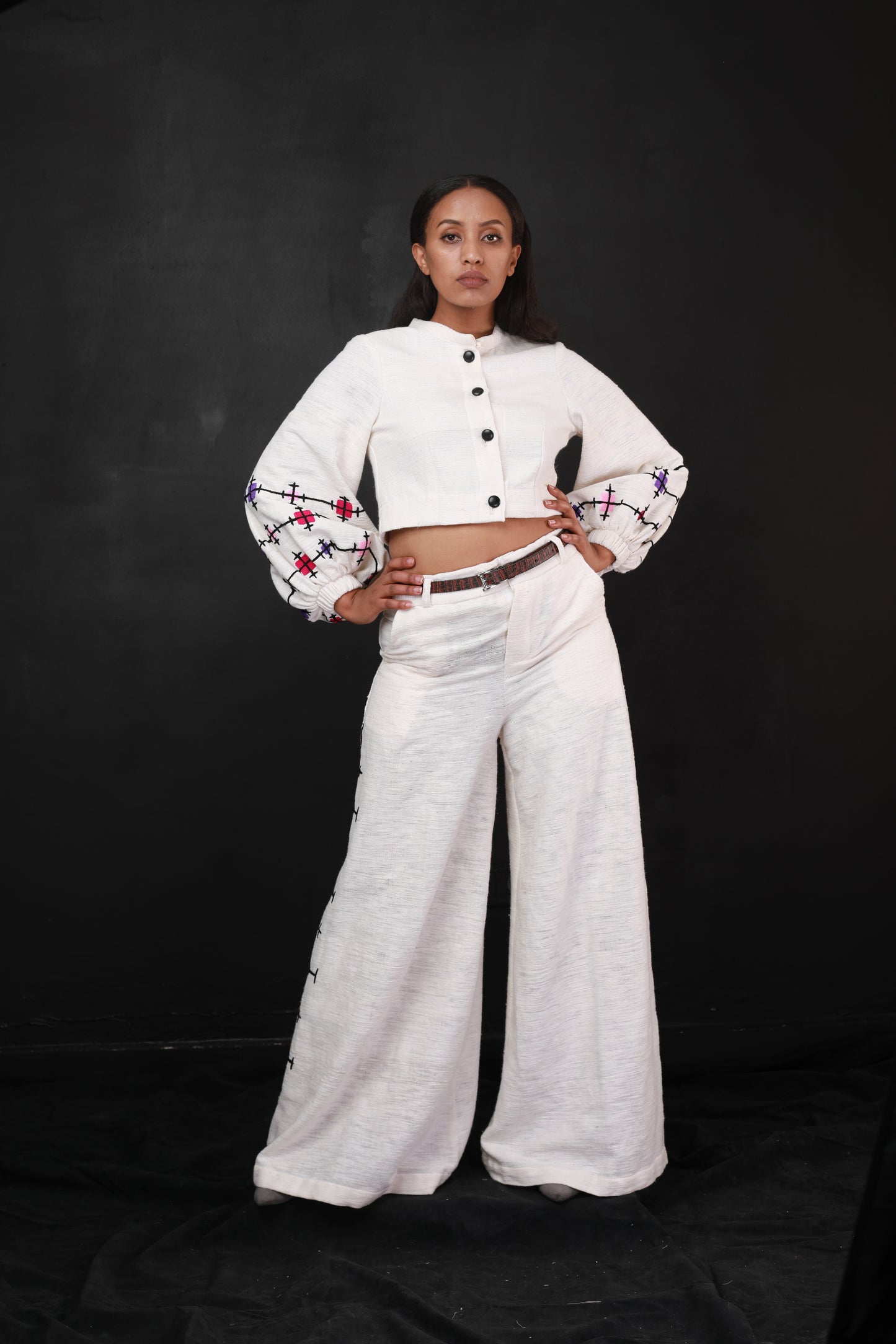Handwoven Habesha Libs crop top and pant, Ethiopian Modern Cloth