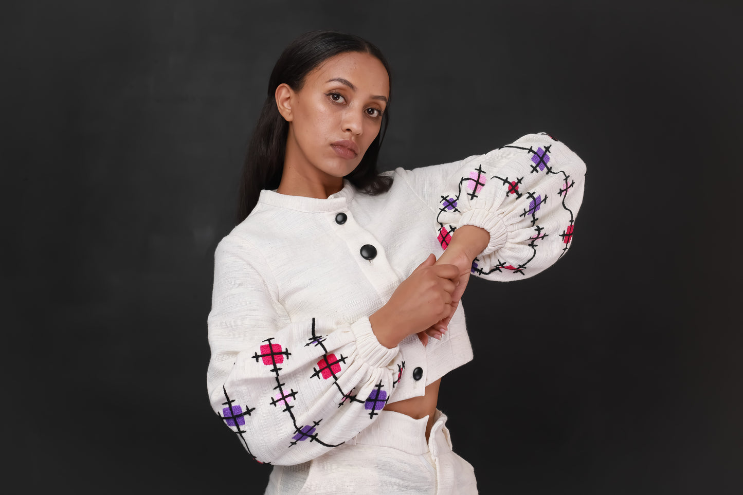 Handwoven Habesha Libs crop top and pant, Ethiopian Modern Cloth