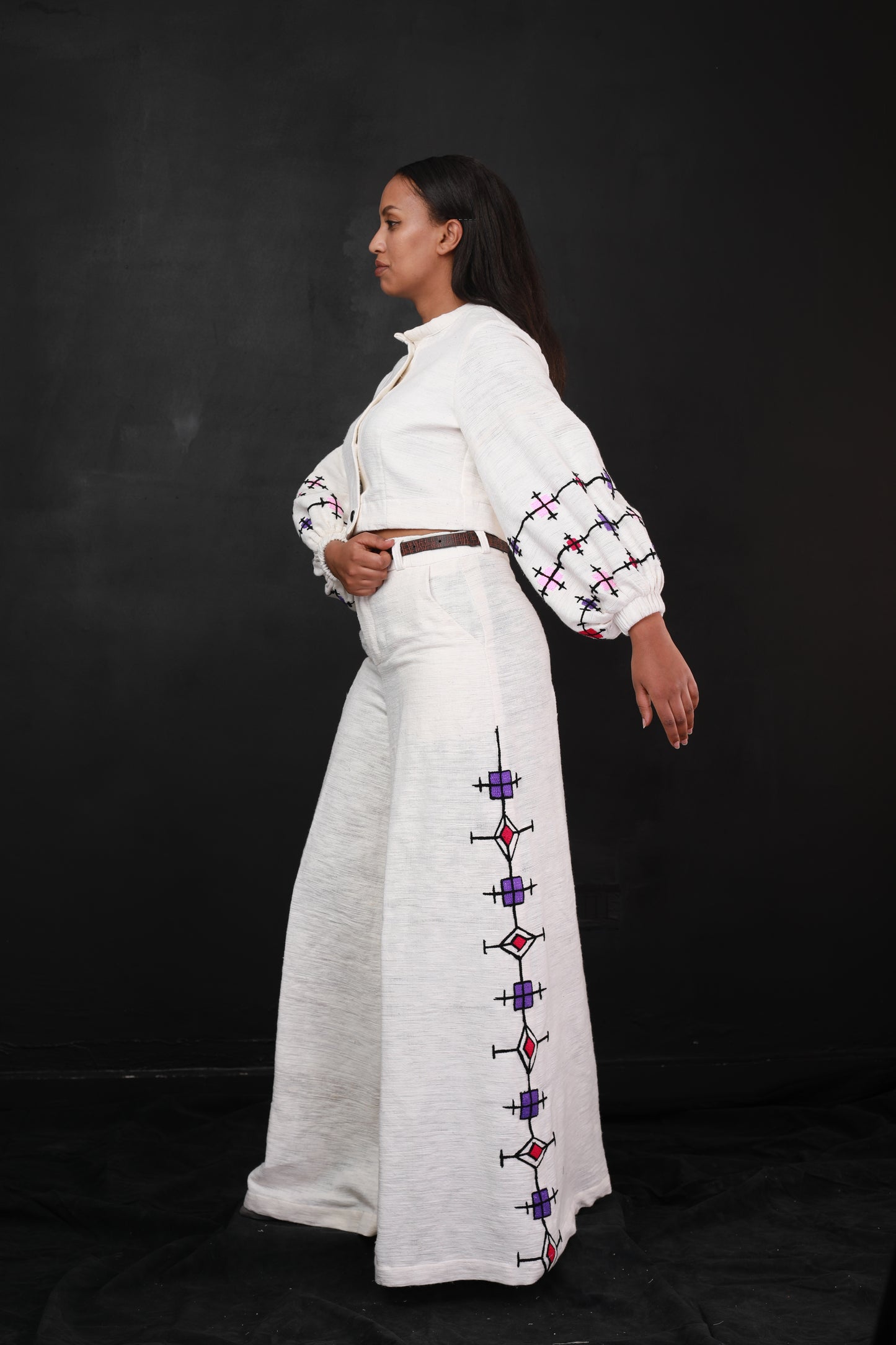 Handwoven Habesha Libs crop top and pant, Ethiopian Modern Cloth