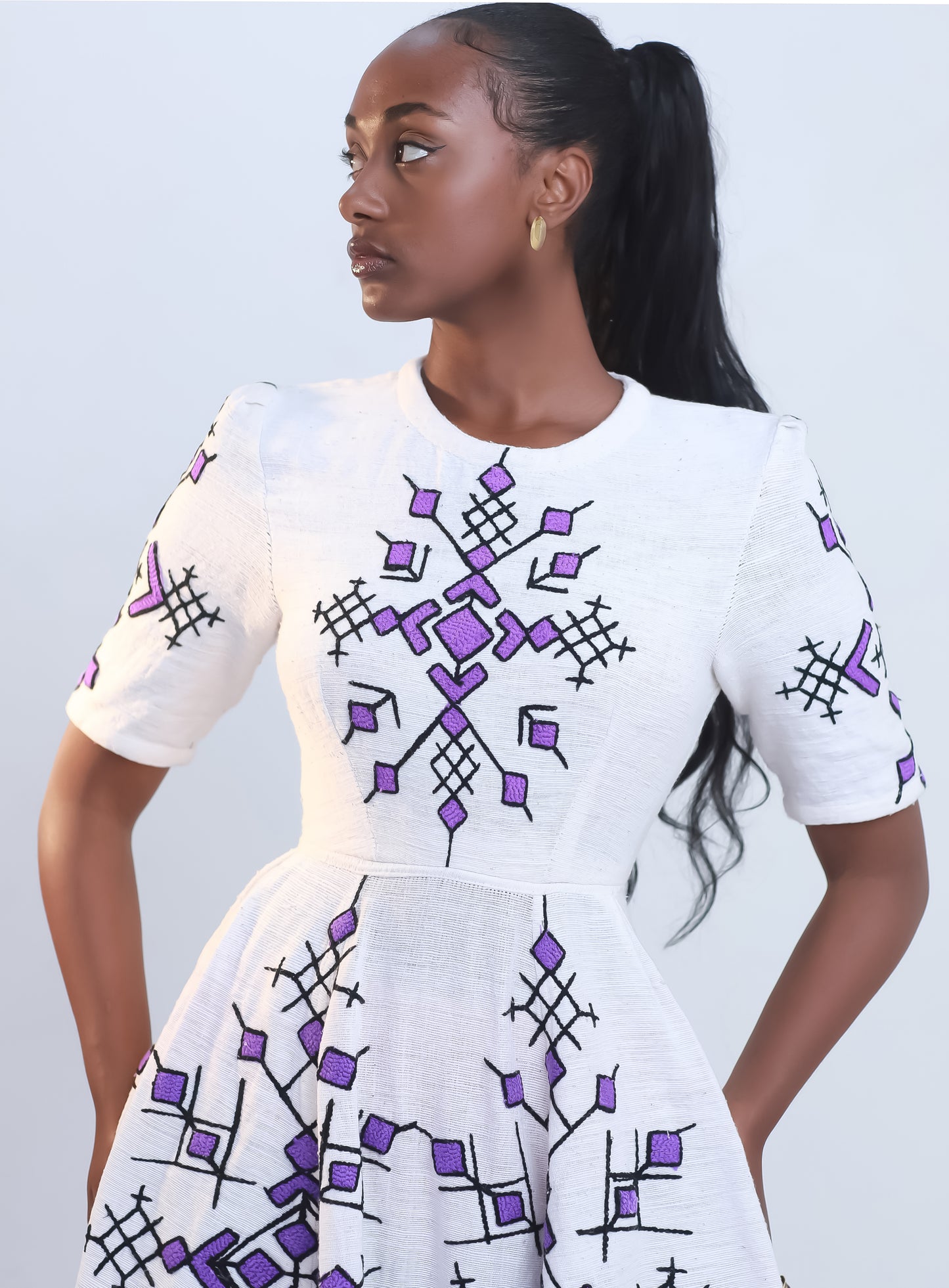 Purple Design Modern Habesha Dress, Ethiopian Kemis