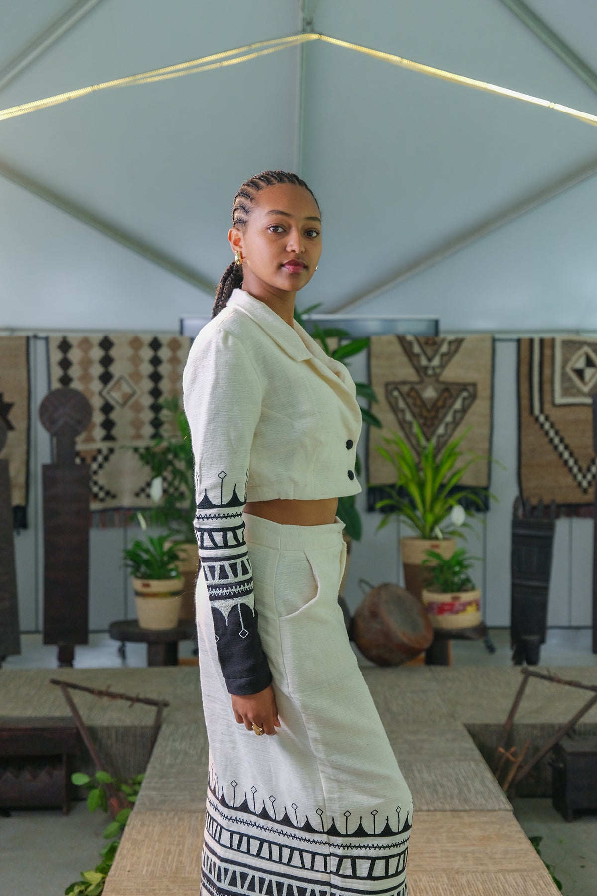 Timeless Elegance: Ethiopian Habesha White Fetil Fabric Ensemble with Black Embroidery