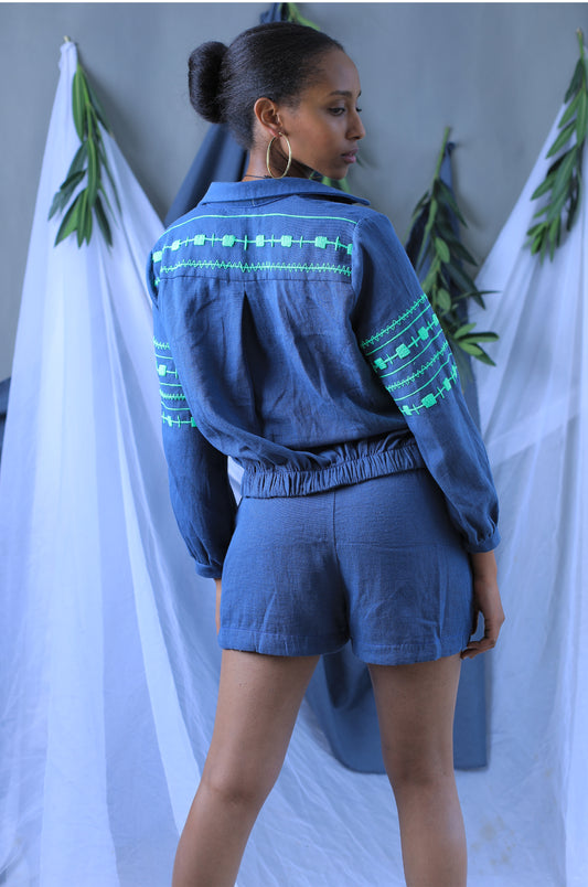 Gray Blazer with Short and Embroidery, Ethiopian Cultural Touch