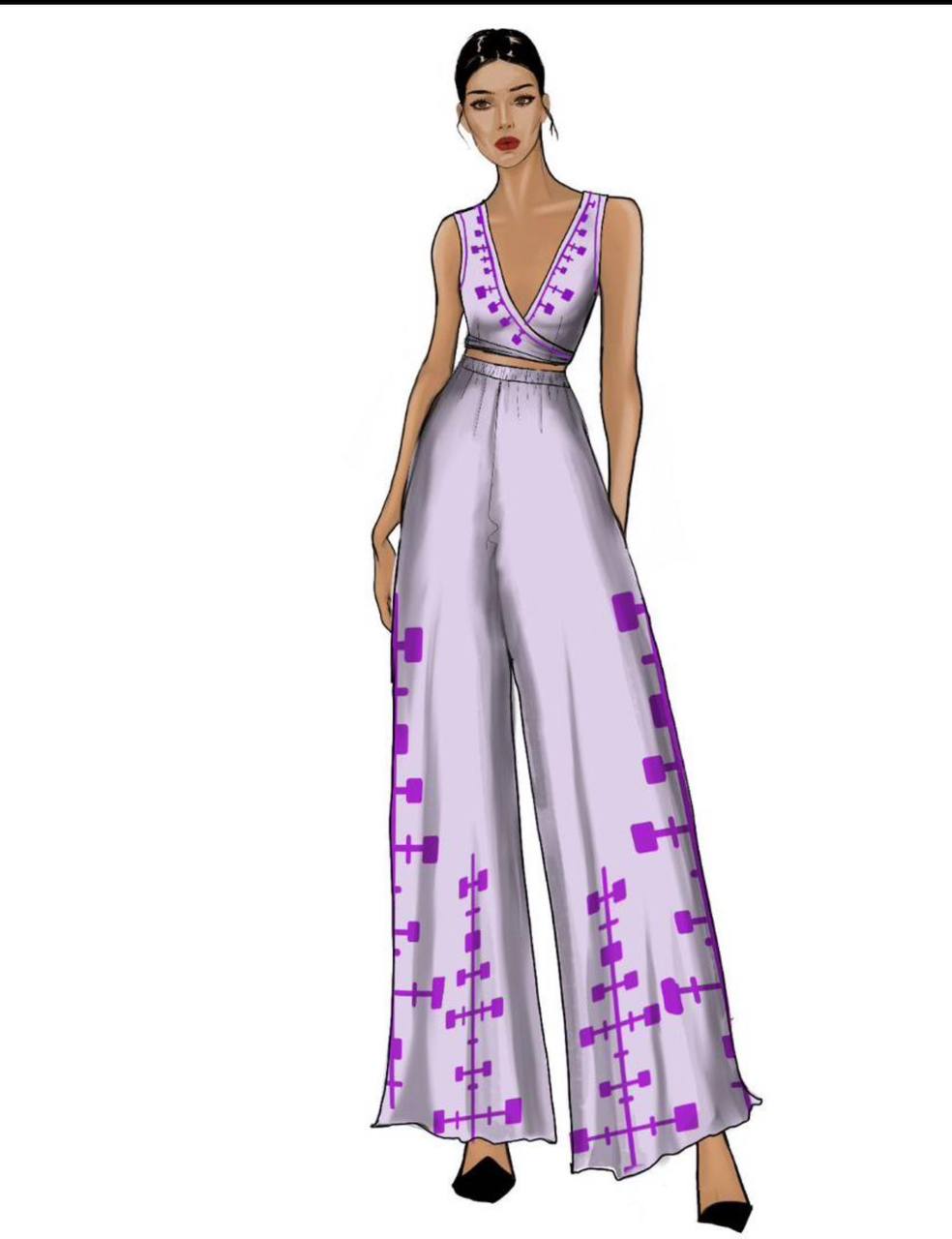 Purple Design Crop Top with Trouser: Modern Ethiopian Cloth , Habesha Libs