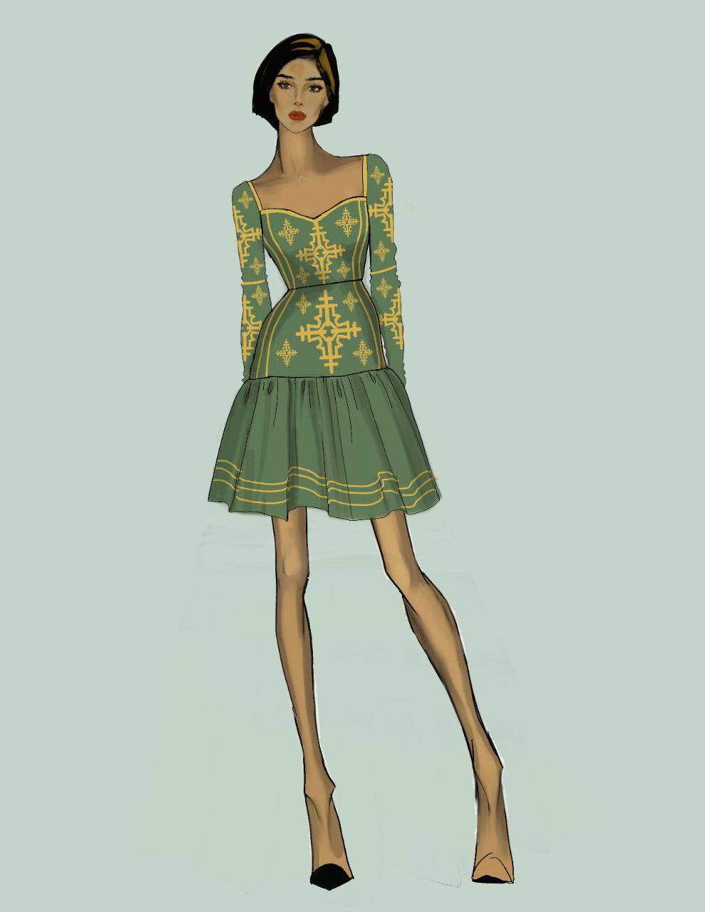 Ethiopian Green dress with Gold Embroidery, Habesha Fashion