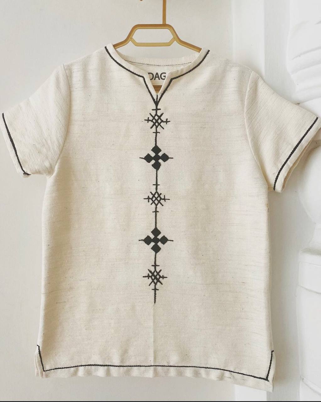 Men's White Short Sleeve Shirt with Black Cross Embroidery