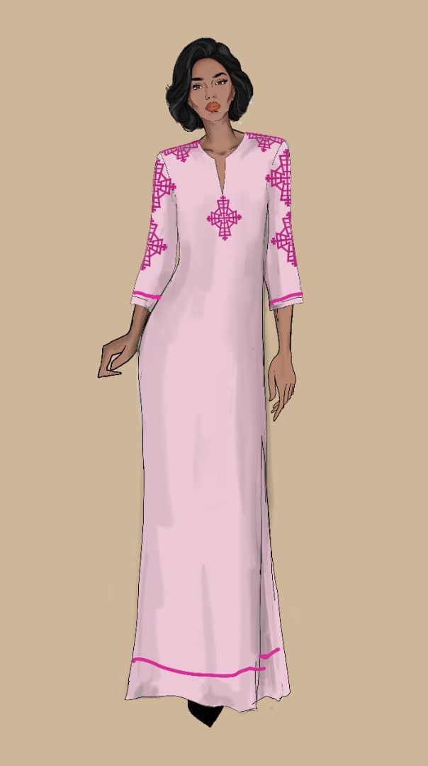 Radiant Elegance: Modern Pink Ethiopian Dress with Intricate Embroidery and Shiny Stone Accents