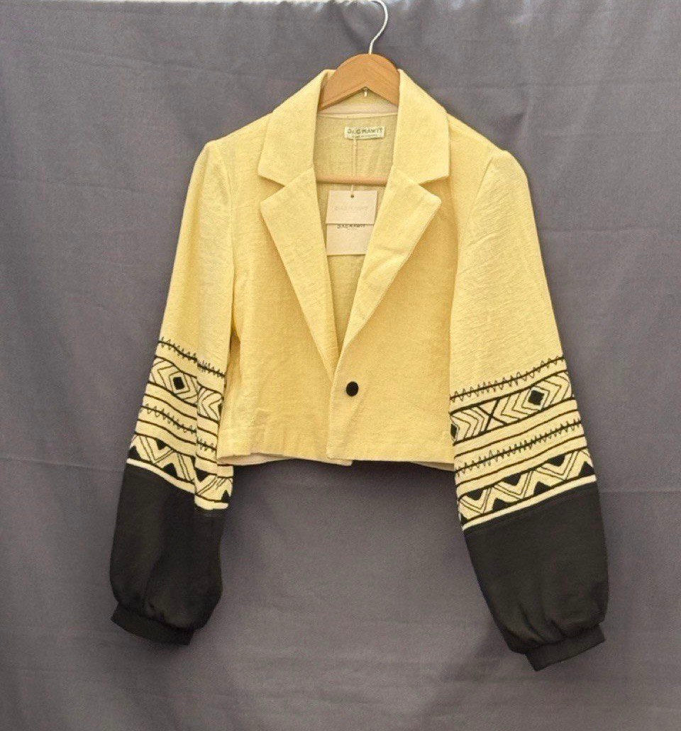 Women’s Yellow Crop Coat with Black Embroidery – Handwoven Ethiopian Elegance