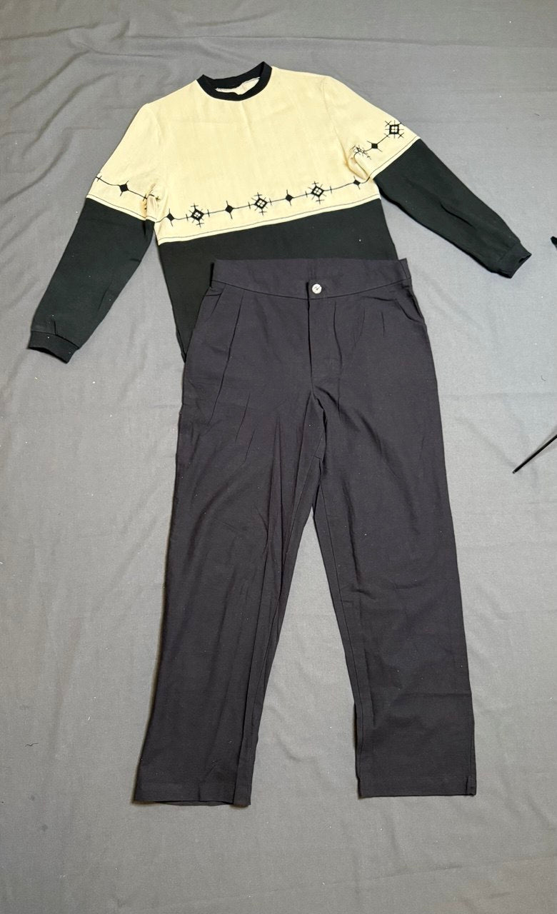 Men’s Half-Black Half-White Sweater & Trouser Set – Minimal Embroidery | Modern Ethiopian Style
