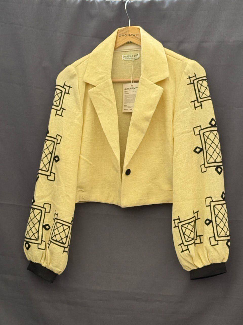 Yellow Handwoven Crop Coat with Black Embroidery – Modern Ethiopian Style