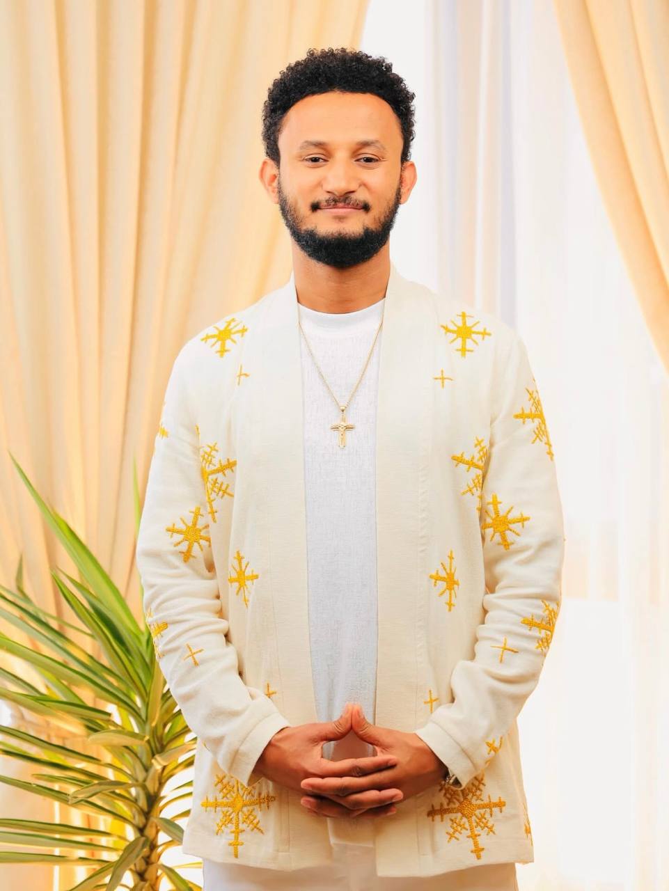 Men’s Full-Sleeve White Cotton Top with Gold Embroidery – Ethiopian Elegance | Modern Cultural Fashion