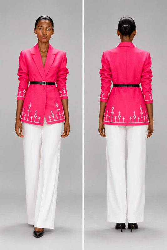 Tsion – Women's Pink Coat with White Embroidery | Ethiopian Fashion Coat & Custom Colors Available