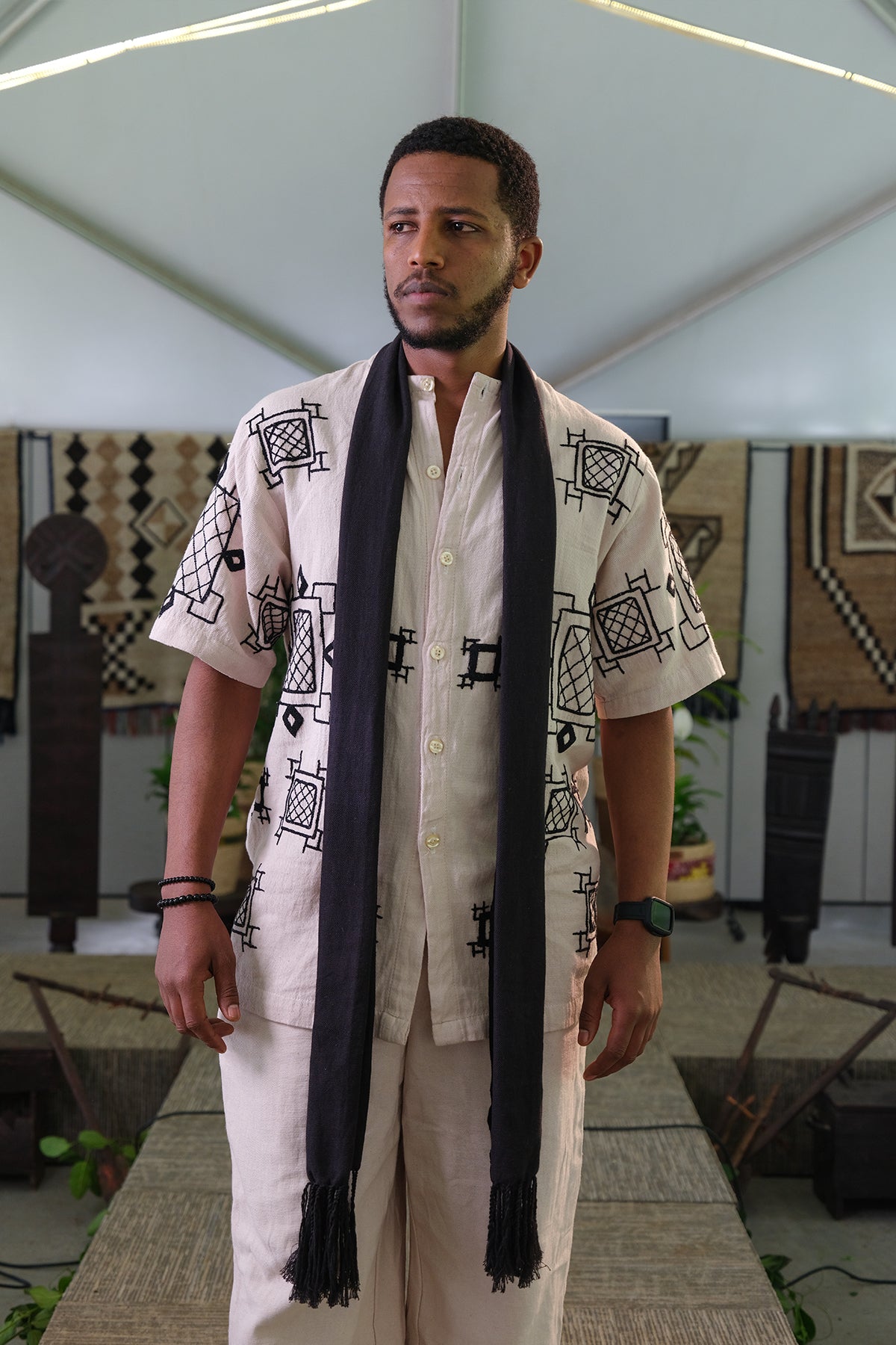 Elegant Heritage: Stylish Men's Habesha Fetil Fabric Outfit with Black Embroidery