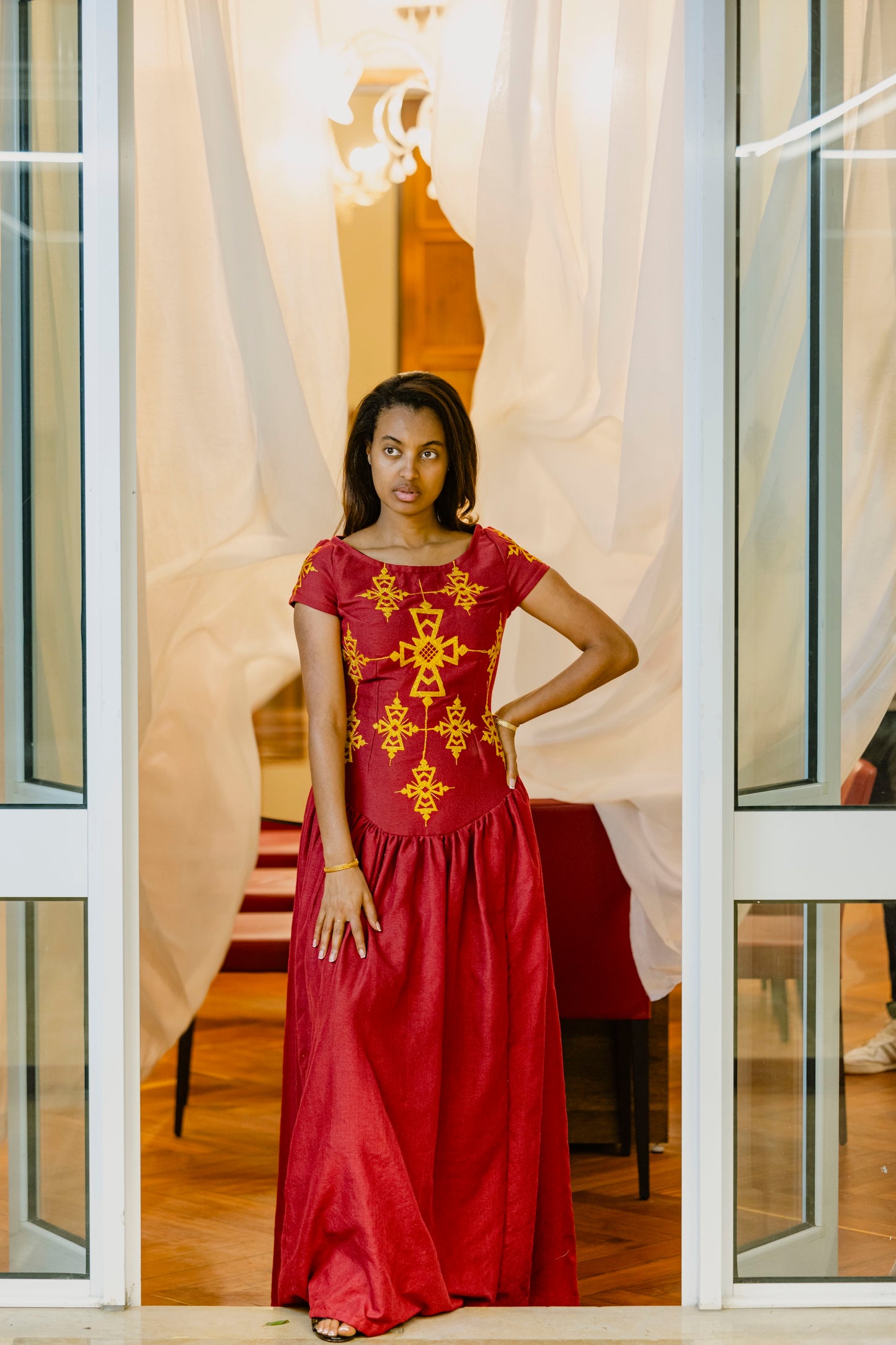 Red Embroidered Maxi Dress – Regal Radiance