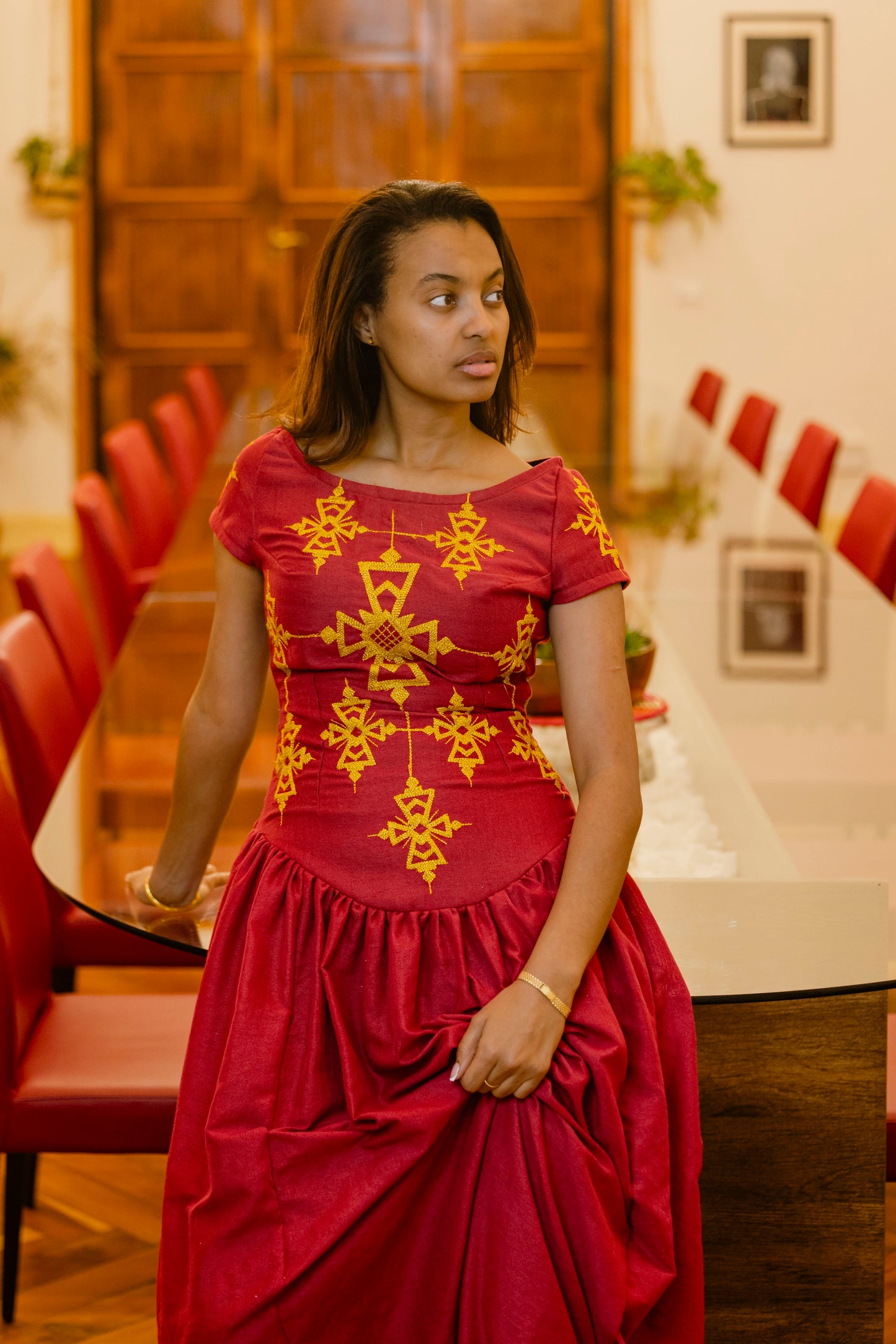 Red Embroidered Maxi Dress – Regal Radiance