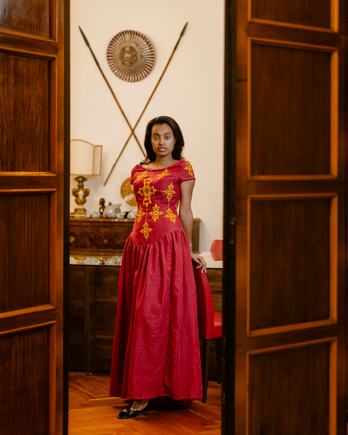 Red Embroidered Maxi Dress – Regal Radiance