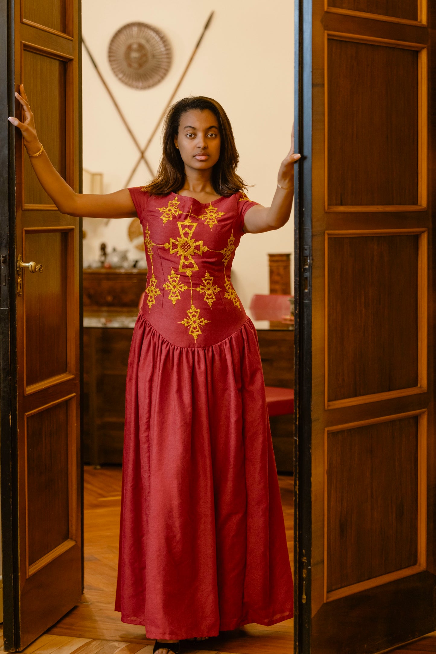 Red Embroidered Maxi Dress – Regal Radiance