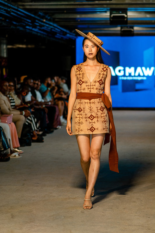 Short Brown Sleeveless Dress with Dark Brown Embroidery