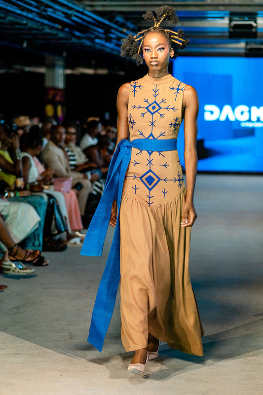 Brown long dress with blue embroidery
