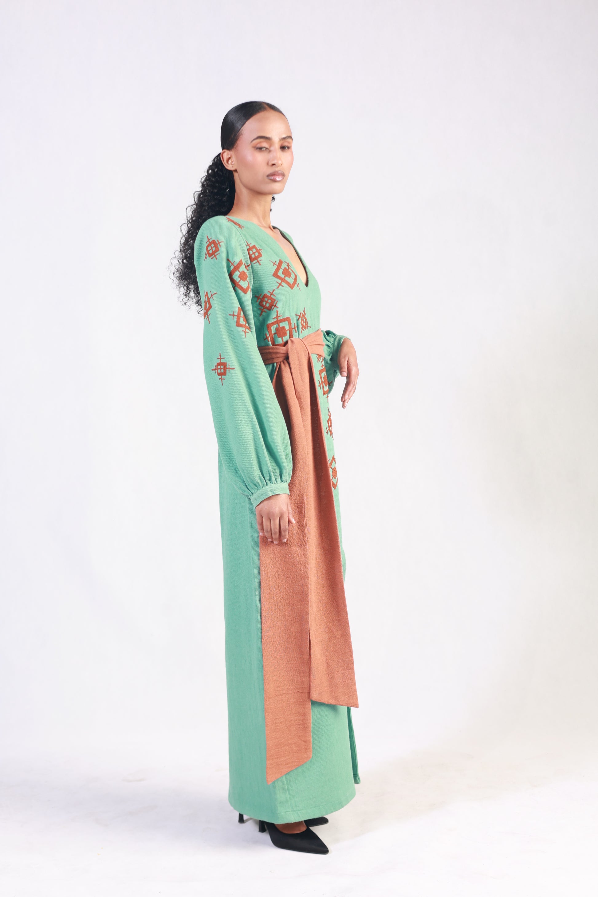 Turquoise Dress with brown Embroidery,Ethiopian DAGMAWIT Turquoise Dress with brown Embroidery,Ethiopian DAGMAWIT